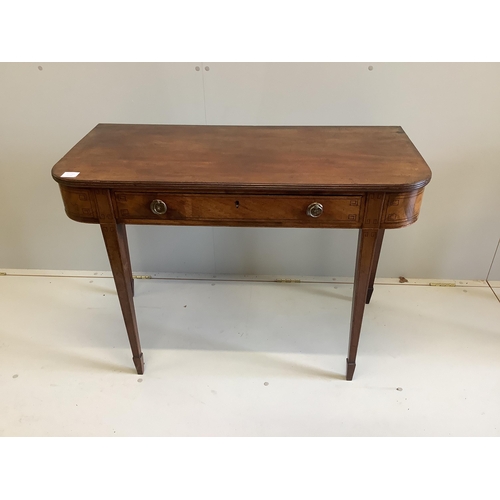 53 - An early 19th century mahogany D shaped side table, with strung borders, width 103cm, depth 47cm, he... 