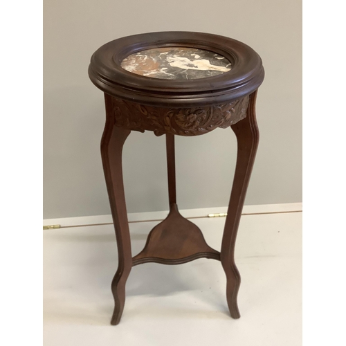 55 - An early 20th century French beech marble topped vase stand, height 74cm