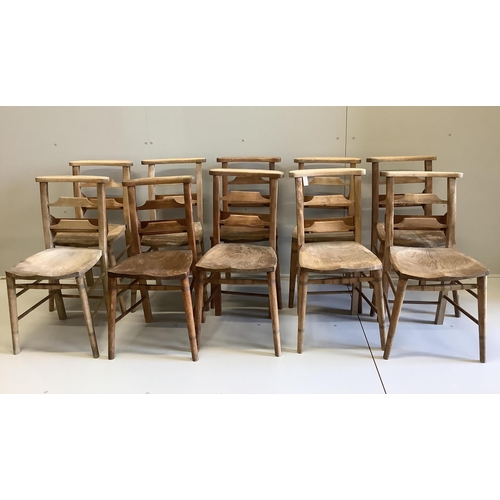 56 - Ten Victorian elm and beech chapel chairs, width 38cm, height 77cm