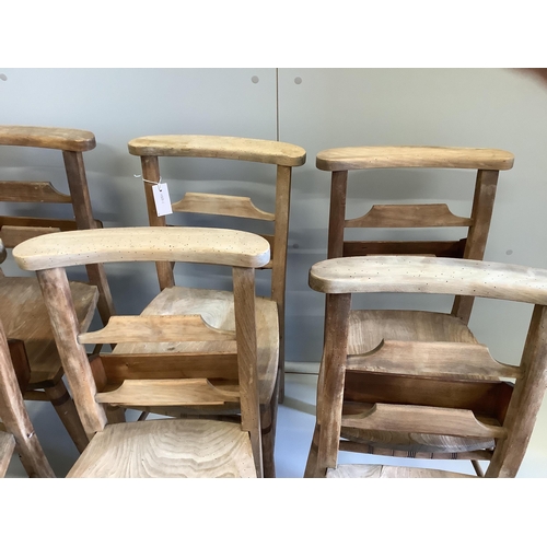 56 - Ten Victorian elm and beech chapel chairs, width 38cm, height 77cm