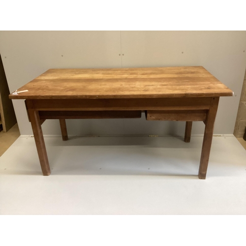 58 - A 19th century French rectangular oak kitchen table, width 150cm, depth 82cm, height 77cm