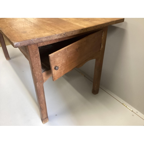 58 - A 19th century French rectangular oak kitchen table, width 150cm, depth 82cm, height 77cm