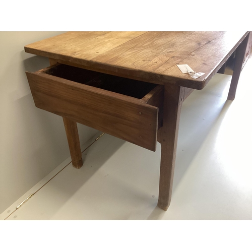 58 - A 19th century French rectangular oak kitchen table, width 150cm, depth 82cm, height 77cm