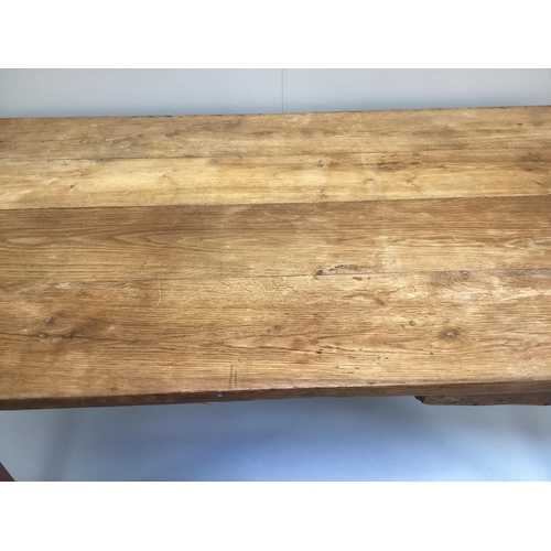 58 - A 19th century French rectangular oak kitchen table, width 150cm, depth 82cm, height 77cm