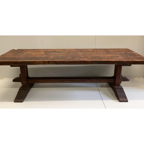 64 - An 18th century style French rectangular oak refectory dining table, width 249cm, depth 87cm, height... 