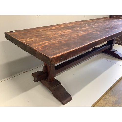 64 - An 18th century style French rectangular oak refectory dining table, width 249cm, depth 87cm, height... 