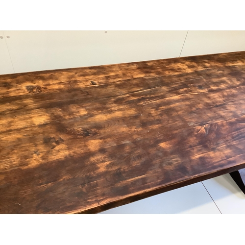 64 - An 18th century style French rectangular oak refectory dining table, width 249cm, depth 87cm, height... 