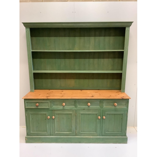 7 - A Victorian style part painted pine dresser with boarded rack, width 172cm, depth 50cm, height 198cm... 