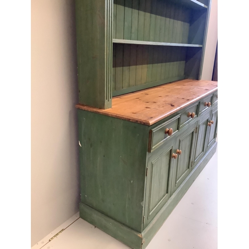 7 - A Victorian style part painted pine dresser with boarded rack, width 172cm, depth 50cm, height 198cm... 