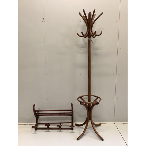 76 - A beech bentwood coat stand, height 184cm, together with a hanging bentwood coat rack