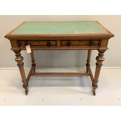 81 - A Victorian Gillows walnut and part ebonised two drawer writing table, width 91cm, depth 53cm, heigh... 