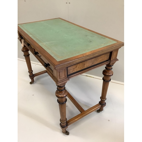 81 - A Victorian Gillows walnut and part ebonised two drawer writing table, width 91cm, depth 53cm, heigh... 