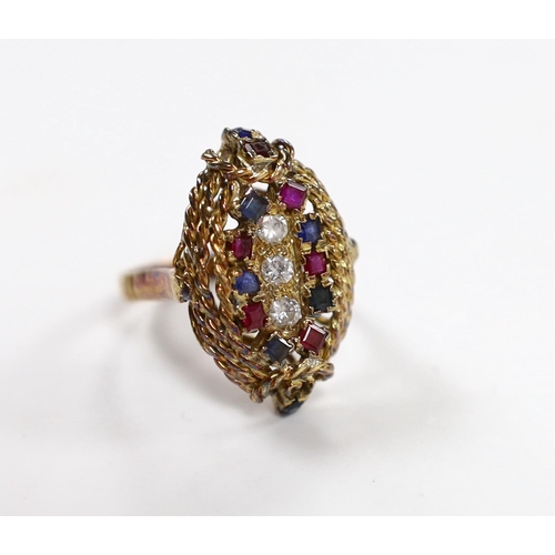 954 - A 750 yellow metal, ruby, sapphire and diamond cluster set oval dress ring, size P, gross weight 9.3... 