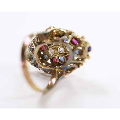 954 - A 750 yellow metal, ruby, sapphire and diamond cluster set oval dress ring, size P, gross weight 9.3... 