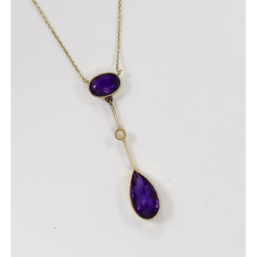 957 - An Edwardian 15ct, two stone amethyst and single stone split peal set drop pendant necklace, overall... 