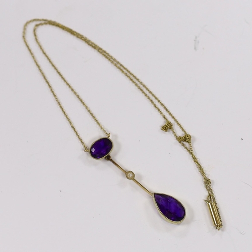 957 - An Edwardian 15ct, two stone amethyst and single stone split peal set drop pendant necklace, overall... 