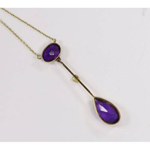 957 - An Edwardian 15ct, two stone amethyst and single stone split peal set drop pendant necklace, overall... 