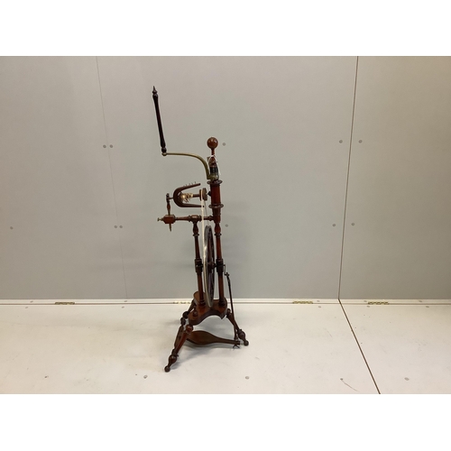 1008 - A 19th century lead and brass mounted turned mahogany spinning wheel, height 118cm