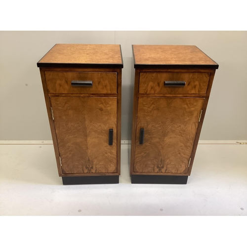 1011 - A pair of Art Deco style walnut and bird's eye maple bedside cabinets, width 36cm, depth 37cm, heigh... 