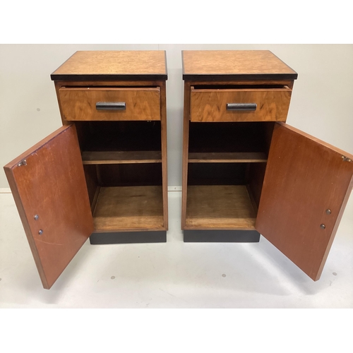 1011 - A pair of Art Deco style walnut and bird's eye maple bedside cabinets, width 36cm, depth 37cm, heigh... 