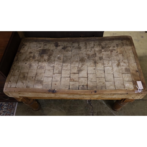 1024 - A Victorian rectangular pine and fruitwood butcher's block on stand, width 115cm, depth 65cm, height... 