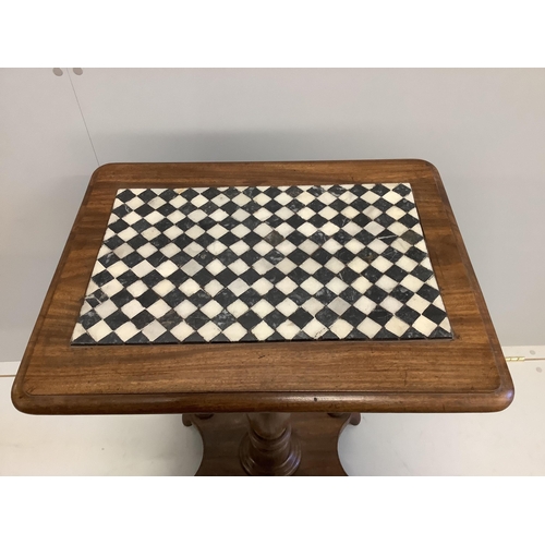 1028 - A Victorian rectangular mahogany centre table with a chequer marble inset top, width 57cm, depth 45c... 