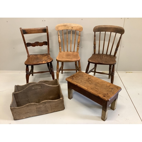 1031 - Three Victorian elm and beech Windsor kitchen chairs, a rectangular elm low stool and a pine two div... 