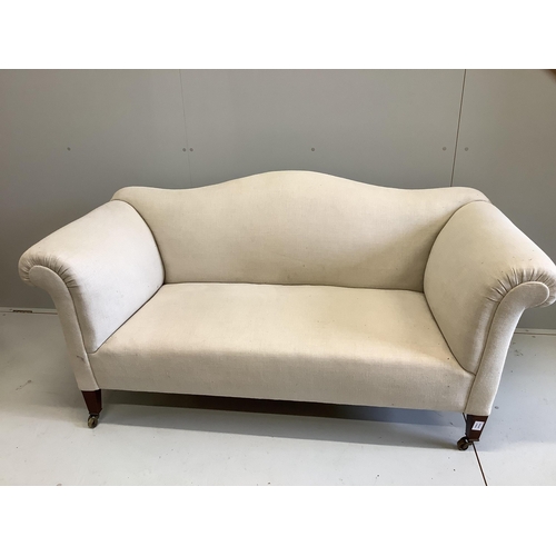 1039 - An Edwardian scroll arm settee, recently re-upholstered in a natural colour fabric, width 170cm, dep... 