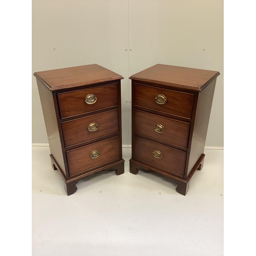 1042 - A pair of George III style mahogany three drawer bedside chests, width 47cm, depth 40cm, height 80cm... 