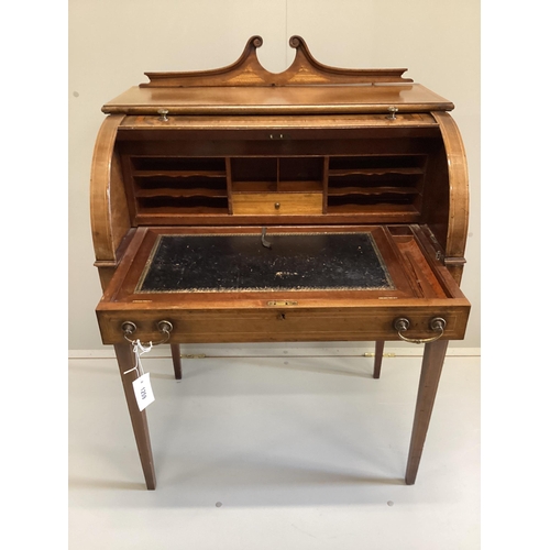 1044 - A small Edwardian satinwood banded mahogany cylinder bureau, width 73cm, depth 49cm, height 94cm... 