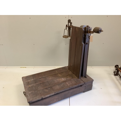 1052 - A set of Victorian oak and cast iron sack scales, height 85cm