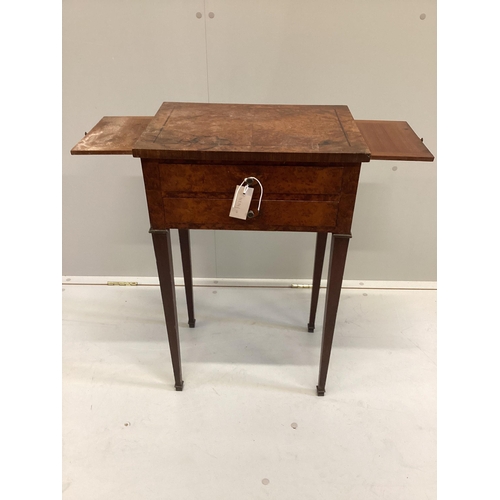 1057 - A 19th century bird's eye maple two drawer work table, width 45cm, depth 32cm, height 72cm