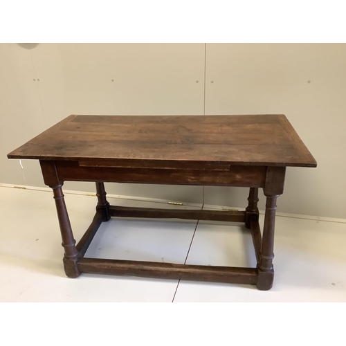 1059 - An 18th century style rectangular oak four plank table, width 128cm, depth 68cm, height 73cm