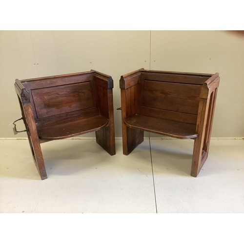 1060 - A pair of Victorian pitch pine brass mounted pew seats, width 78cm, depth 48cm, height 83cm