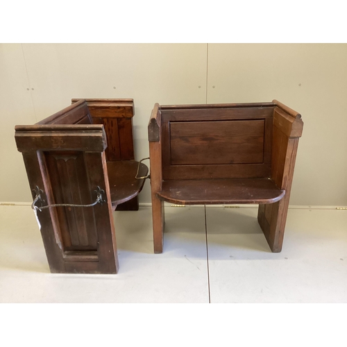 1060 - A pair of Victorian pitch pine brass mounted pew seats, width 78cm, depth 48cm, height 83cm