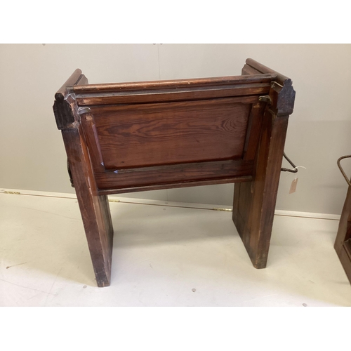 1060 - A pair of Victorian pitch pine brass mounted pew seats, width 78cm, depth 48cm, height 83cm