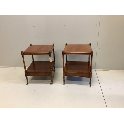 1061 - A pair of reproduction mahogany two tier occasional tables, width 45cm, depth 45cm, height 61cm... 