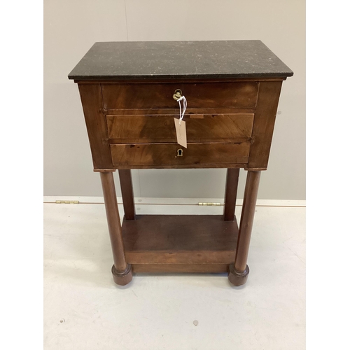 1068 - A 19th century French marble topped three drawer work table, width 49cm, depth 32cm, height 77cm... 