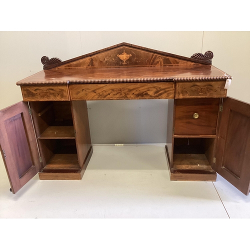 1069 - A William IV later marquetry inlaid mahogany pedestal sideboard, width 162cm, depth 54cm, height 126... 