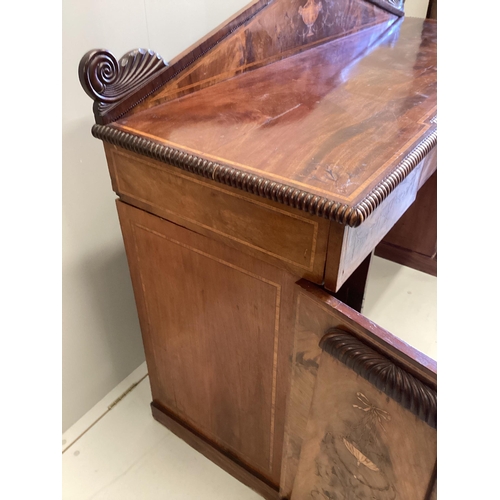 1069 - A William IV later marquetry inlaid mahogany pedestal sideboard, width 162cm, depth 54cm, height 126... 