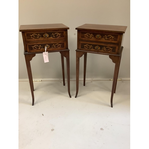 1070 - A pair of small marquetry inlaid mahogany two drawer bedside tables, width 30cm, depth 20cm, height ... 