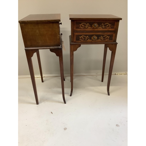 1070 - A pair of small marquetry inlaid mahogany two drawer bedside tables, width 30cm, depth 20cm, height ... 