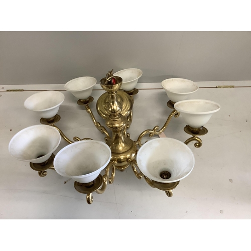 1100 - A Christopher Wray gilt brass eight branch chandelier with shades, height 53cm