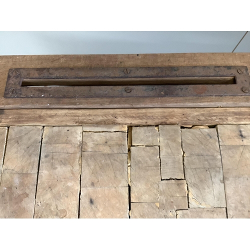 1102 - A 19th century French pine and fruitwood butchers block, (evidence of worm, may need treating) width... 