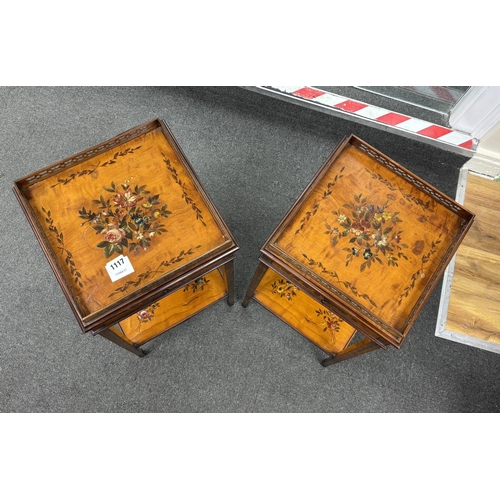 1117 - A pair of Sheraton Revival painted satinwood urn tables with pierced galleries, width 30cm, depth 30... 