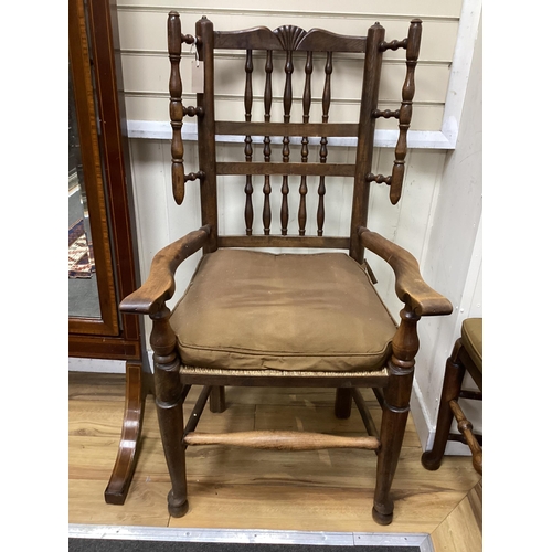 1121 - A harlequin set of twelve 19th century Lancashire ash elm and beech rush seat spindle back chairs wi... 