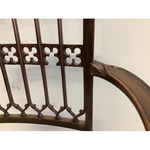 1125 - An Edwardian Gothic Revival mahogany elbow chair, width 58cm, depth 42cm, height 95cm