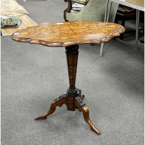 1131 - A 19th century Dutch floral marquetry inlaid walnut tilt top tripod table, width 67cm, depth 45cm, h... 