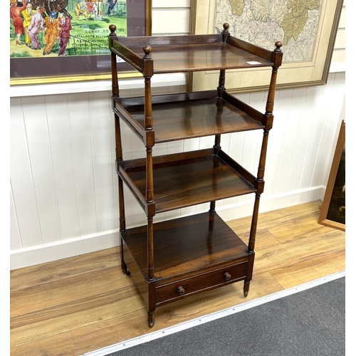 1136 - An early Victorian rosewood four tier whatnot, width 49cm, depth 48cm, height 113cm