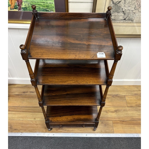 1136 - An early Victorian rosewood four tier whatnot, width 49cm, depth 48cm, height 113cm